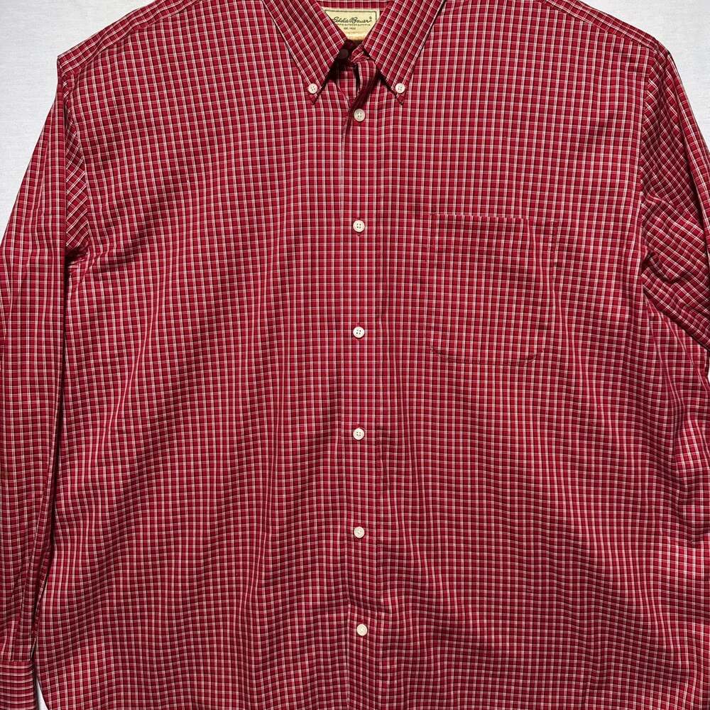 Eddie Bauer Men's Red and White Plaid Long Sleeve Button Up Shirt 3XL